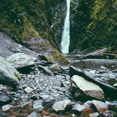 a waterfall and many rocks